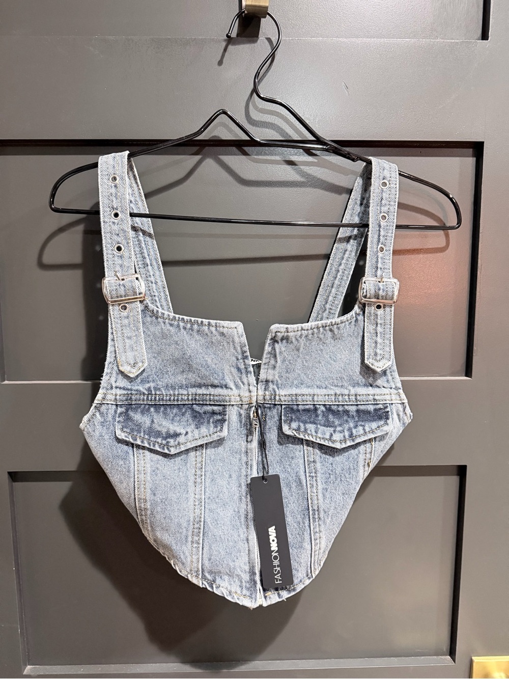 Fashion Nova Acid Wash Denim Corset Crop Top Utility Buckle